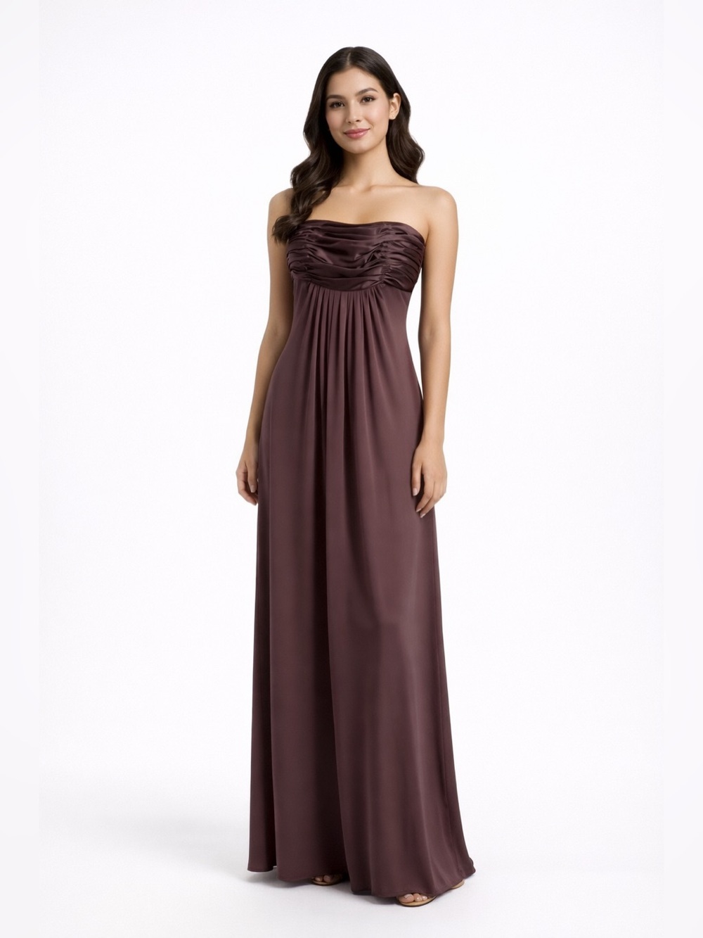 David's Bridal Chocolate Brown Strapless Ruched Empire Maxi Gown Dress 8